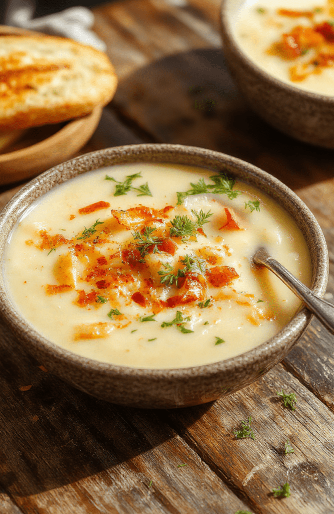 A steaming bowl of creamy loaded potato soup topped with crispy bacon bits, shredded cheddar cheese, green onions, and a dollop of sour cream, served in a rustic ceramic bowl on a wooden table with soft natural light.