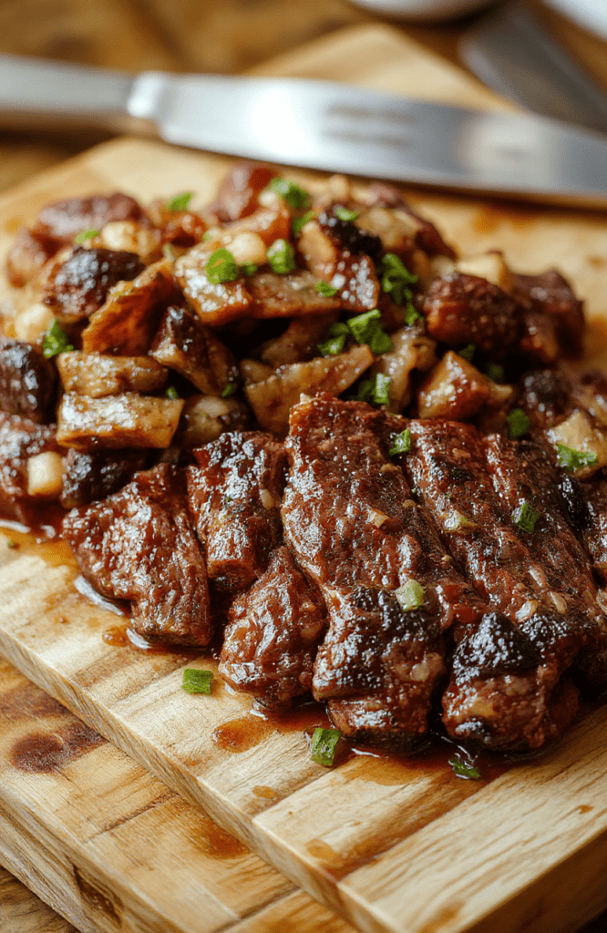 A rustic ceramic crockpot filled with fall-apart tender beef braised in rich brown gravy, surrounded by golden-brown roasted carrots and baby potatoes, garnished with fresh parsley, served on a wood cutting board with a rustic spoon