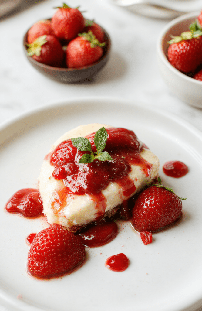Fresh whole strawberrieshalved and arranged in a circular pattern on a white ceramic plate, each halved berry filled with creamy vanilla cheesecake mixture and topped with a drizzle of strawberry glaze, garnished with mint leaves, soft natural lighting, shallow depth of field, vibrant red and creamy white textures