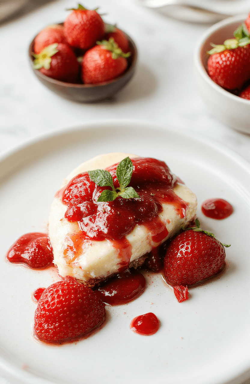 Fresh whole strawberrieshalved and arranged in a circular pattern on a white ceramic plate, each halved berry filled with creamy vanilla cheesecake mixture and topped with a drizzle of strawberry glaze, garnished with mint leaves, soft natural lighting, shallow depth of field, vibrant red and creamy white textures