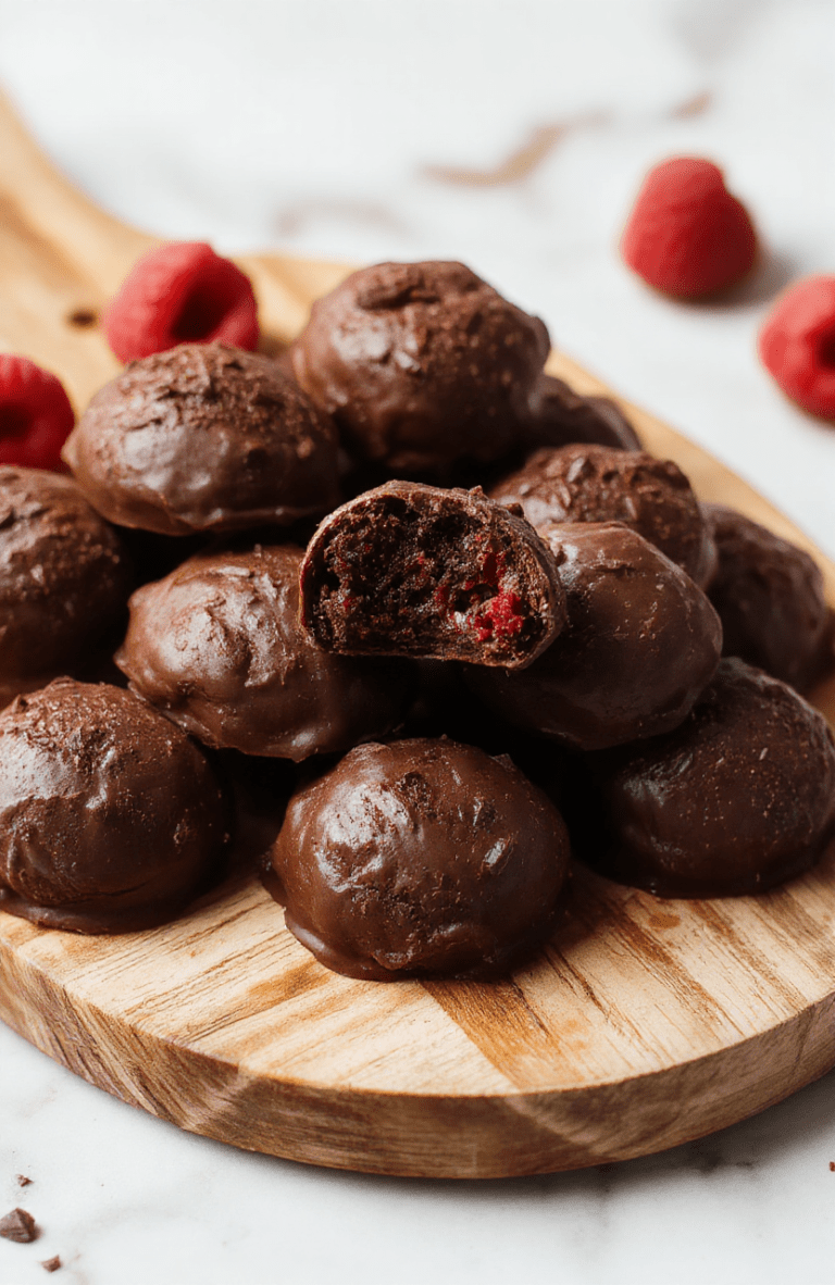 Glossy dark chocolate truffles coated in shimmering red raspberry dust and chopped pistachios, nestled on a rustic wooden cutting board with fresh raspberries and a dusting of powdered sugar. Soft natural light highlights the velvet texture and rich chocolate sheen.