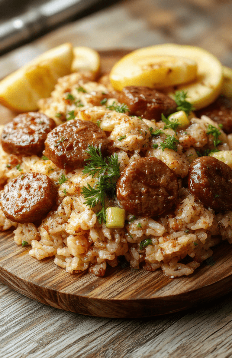 A steaming one-pot meal of golden-brown sausage links nestled in fluffy white rice with caramelized onions, diced bell peppers, and fresh parsley, served in a rustic ceramic bowl against a wooden table.