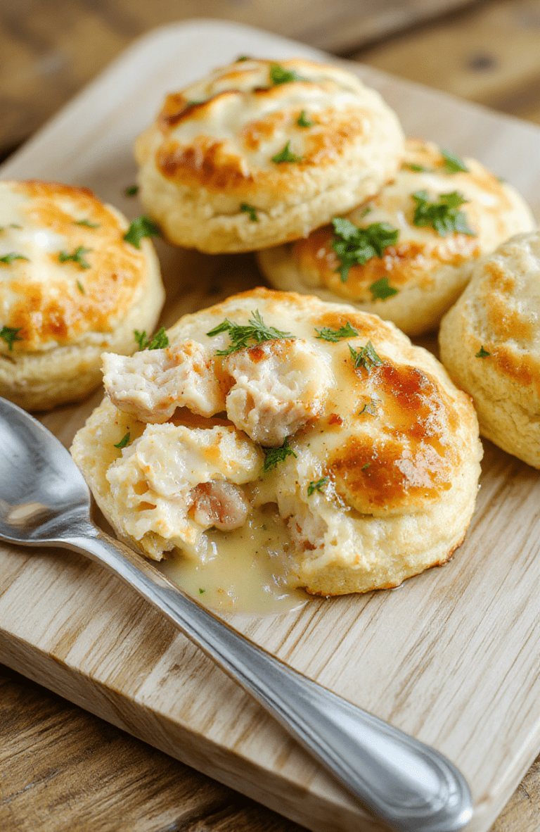 Steam rising from a rustic ceramic bowl of golden chicken dumpling soup, nestled on a wooden cutting board. Tender chicken pieces and soft, fluffy biscuit dumplings float in a creamy broth with chunks of carrots and celery. Fresh parsley sprinkled on top adds vibrant green contrast. Soft natural light highlights the texture of the dumplings and silky broth.
