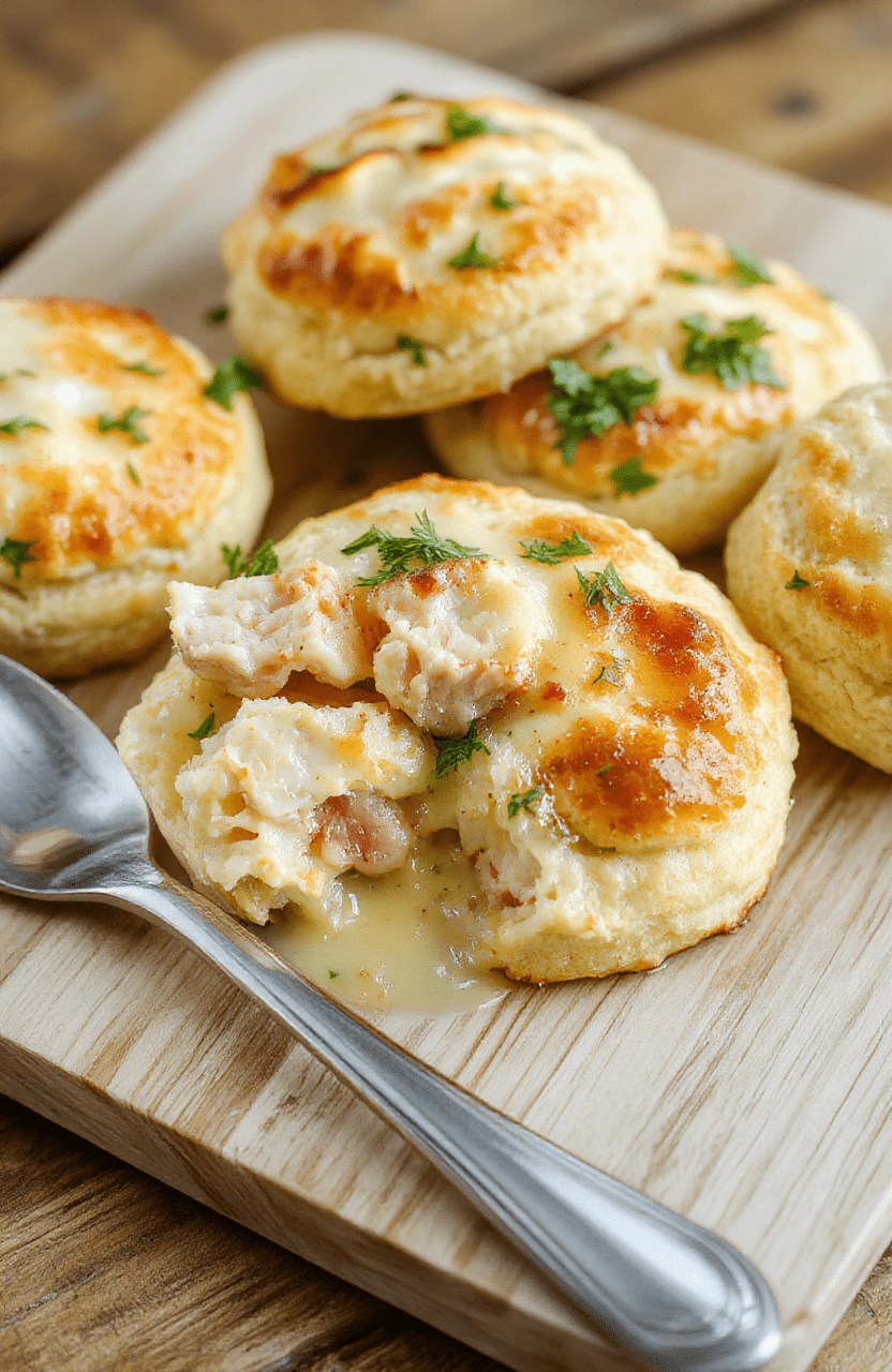 Steam rising from a rustic ceramic bowl of golden chicken dumpling soup, nestled on a wooden cutting board. Tender chicken pieces and soft, fluffy biscuit dumplings float in a creamy broth with chunks of carrots and celery. Fresh parsley sprinkled on top adds vibrant green contrast. Soft natural light highlights the texture of the dumplings and silky broth.
