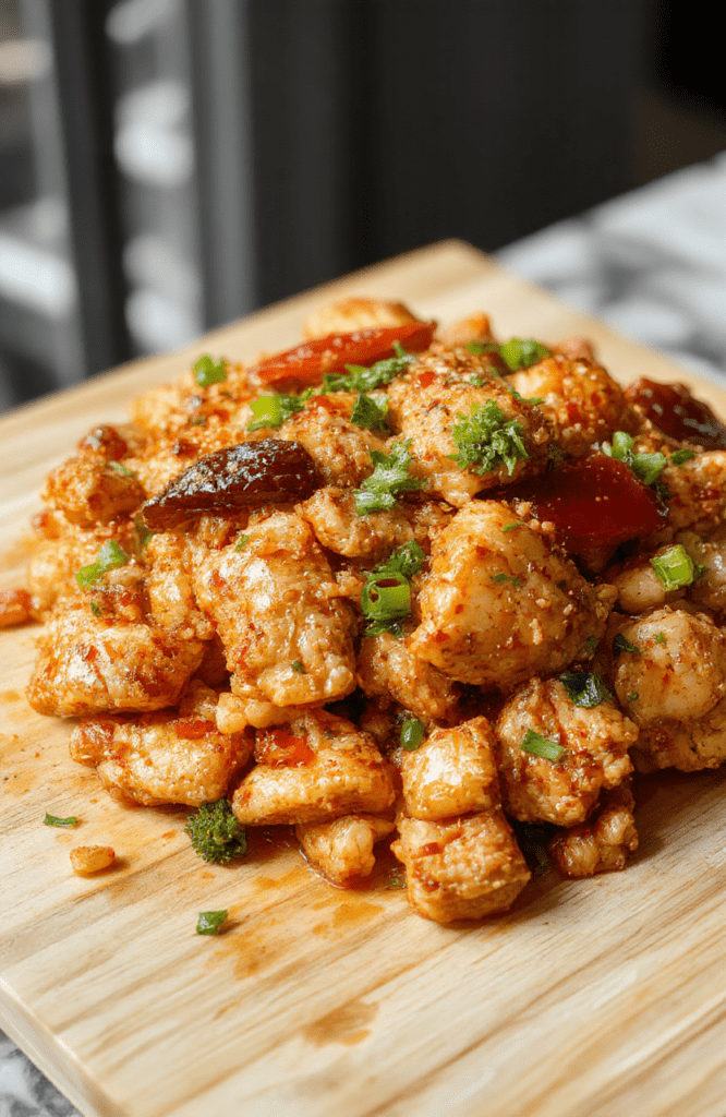 Vibrant quick chicken ramen stir fry in a white ceramic bowl: tender golden-brown chicken strips, colorful bell peppers, crisp snap peas, and soft boiled egg halves nestled amid tangled nests of golden ramen noodles, garnished with sesame seeds and sliced green onions, served with a side of chili oil drizzle on wooden cutting board, natural sunlight, shallow depth of field.