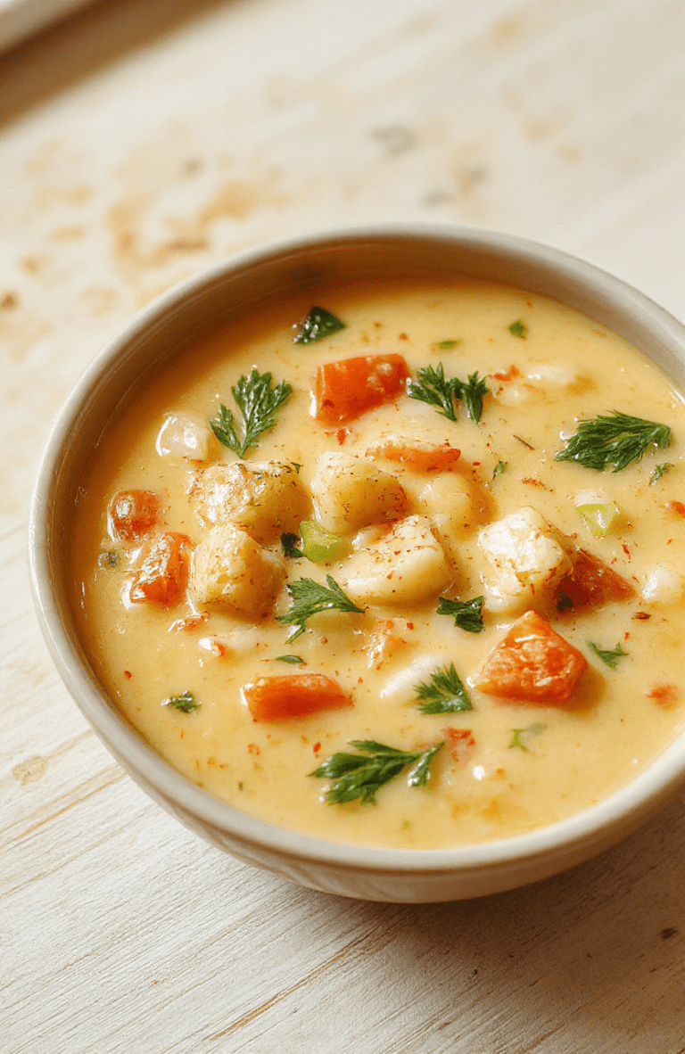 A steaming bowl of creamy vegetable soup with chunks of carrot, celery, potato, and kale, topped with a drizzle of olive oil and fresh parsley, served in a rustic white ceramic bowl on a wooden table.