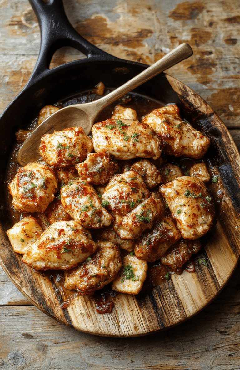 A sizzling cast-iron skillet centered with crispy-edged chicken thighs, cherry tomatoes bursting with juiciness, and zucchini ribbons cooked in garlicky olive oil, garnished with fresh parsley and lemon zest over a rustic wooden board, with soft ambient lighting and shallow depth of field focusing on the vibrant food.