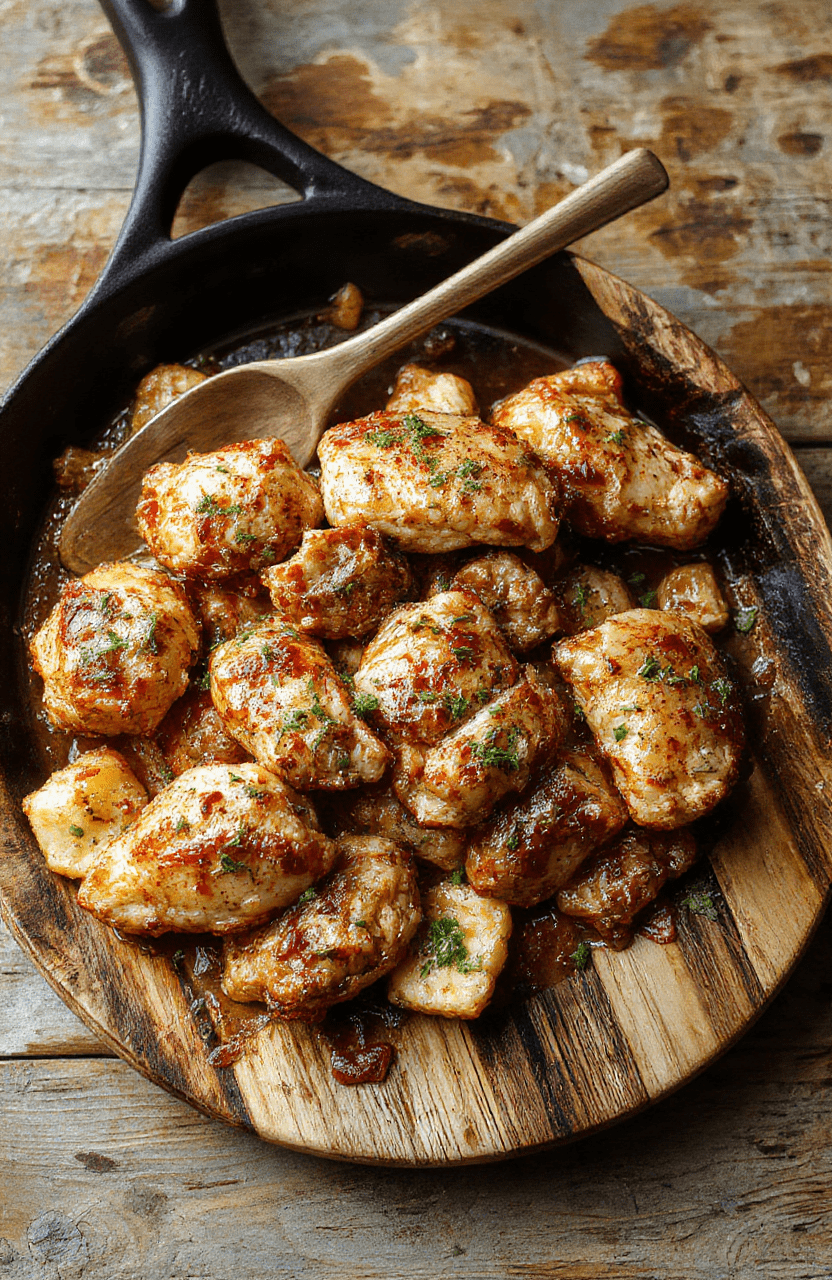 A sizzling cast-iron skillet centered with crispy-edged chicken thighs, cherry tomatoes bursting with juiciness, and zucchini ribbons cooked in garlicky olive oil, garnished with fresh parsley and lemon zest over a rustic wooden board, with soft ambient lighting and shallow depth of field focusing on the vibrant food.