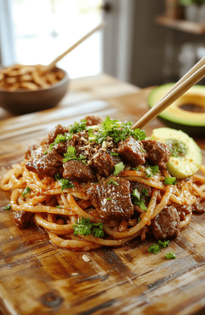 Glossy Mongolian beef noodles in a deep white bowl, topped with sesame seeds, sliced green onions, and red pepper flakes; tender beef strips cling to chewy rice noodles in a rich, glossy brown sauce with visible brown sugar and soybean notes, steaming hot against a rustic wooden table.