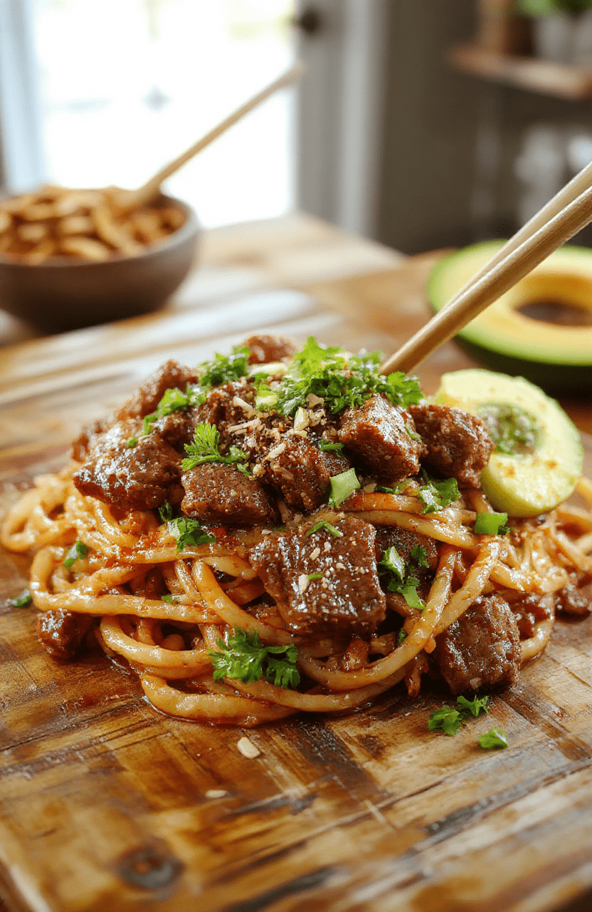 Glossy Mongolian beef noodles in a deep white bowl, topped with sesame seeds, sliced green onions, and red pepper flakes; tender beef strips cling to chewy rice noodles in a rich, glossy brown sauce with visible brown sugar and soybean notes, steaming hot against a rustic wooden table.