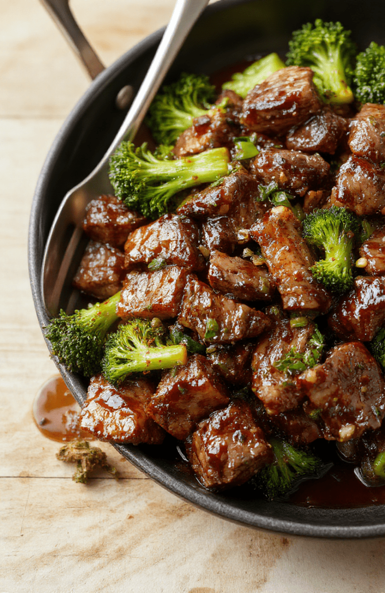 A beautifully plated one-pan beef and broccoli dish with tender beef strips, vibrant green broccoli florets, and glossy garlic-soy glaze, served over steamed white rice in a rustic ceramic bowl, garnished with sesame seeds and sliced green onions on a light maple wooden table with soft natural daylight.