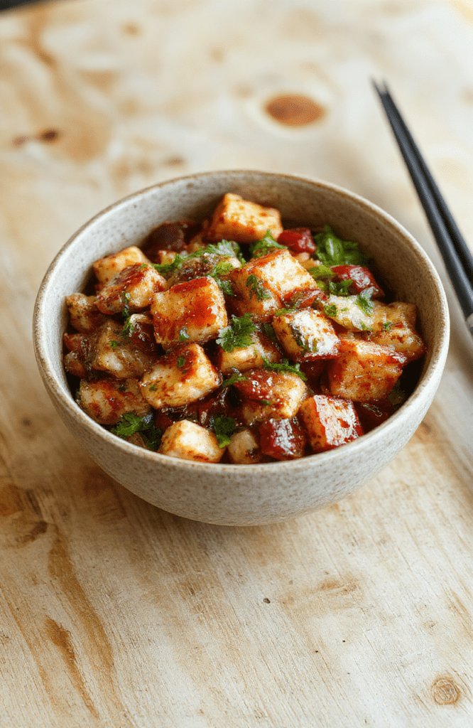 A vibrant, colorful vegan stir-fry bowl with golden crispy tofu cubes, broccoli florets, bell peppers, snap peas, and carrots, served over fluffy brown rice in a rustic ceramic bowl, garnished with sesame seeds and sliced green onions, on a light wooden table with natural daylight