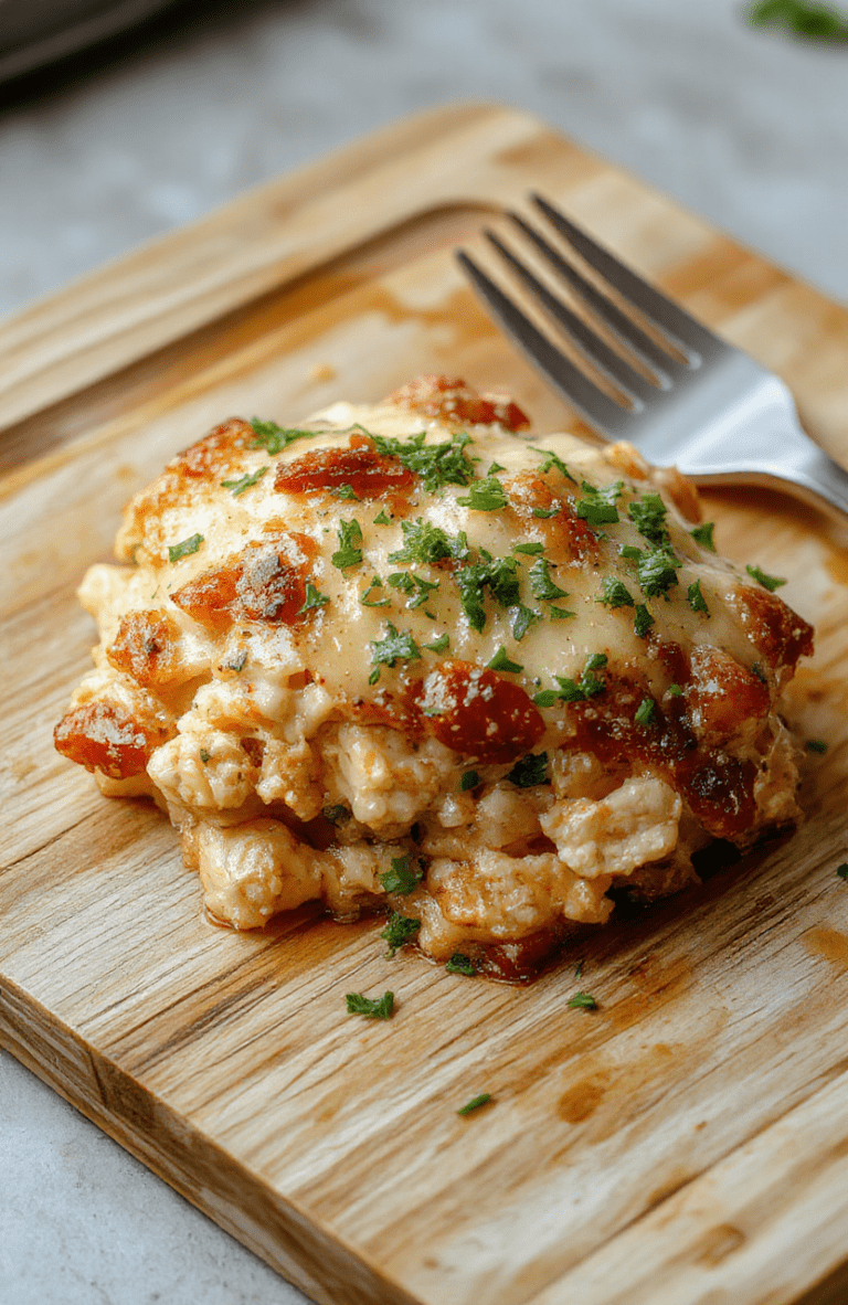 A bubbling, golden-brown chicken casserole in a deep ceramic baking dish, topped with melted cheddar and Mozzarella cheese, crispy breadcrumbs, and fresh parsley. The casserole features tender chicken pieces, creamy mushroom and cheese sauce, and subtle flecks of garlic and thyme. The crust is golden and slightly crackled, with steam rising to suggest freshness. Shot on a rustic wooden table with soft natural light and shallow depth of field.