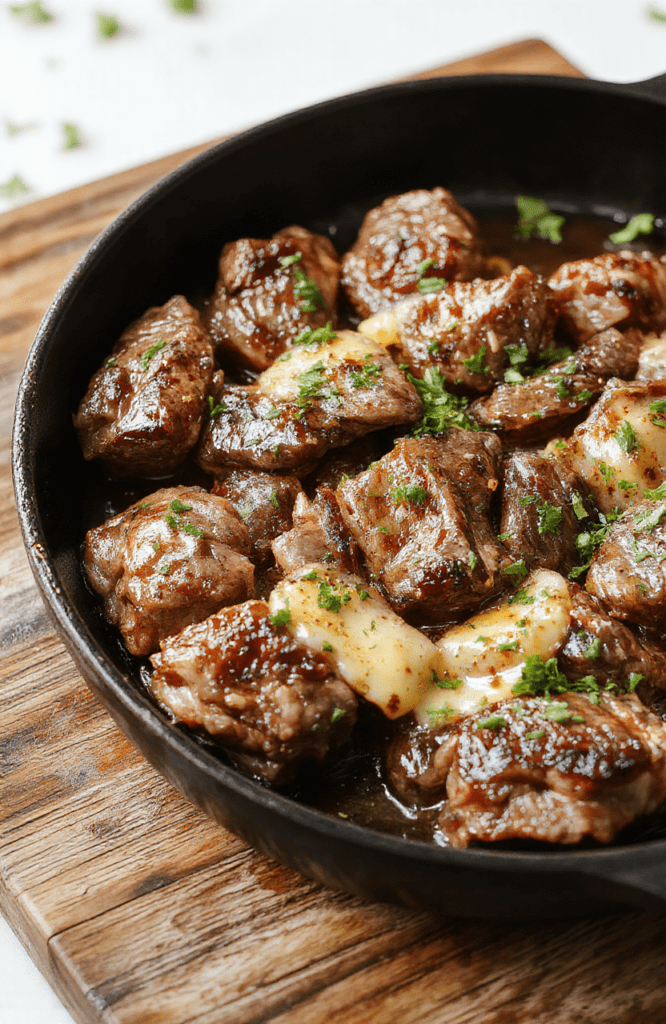 Succulent medium-rare steak strips glistening with golden garlic butter sauce, nestled in a cast iron skillet alongside caramelized bell peppers, red onions, and fresh parsley, served on a rustic wooden table with soft natural lighting and shallow depth of field.