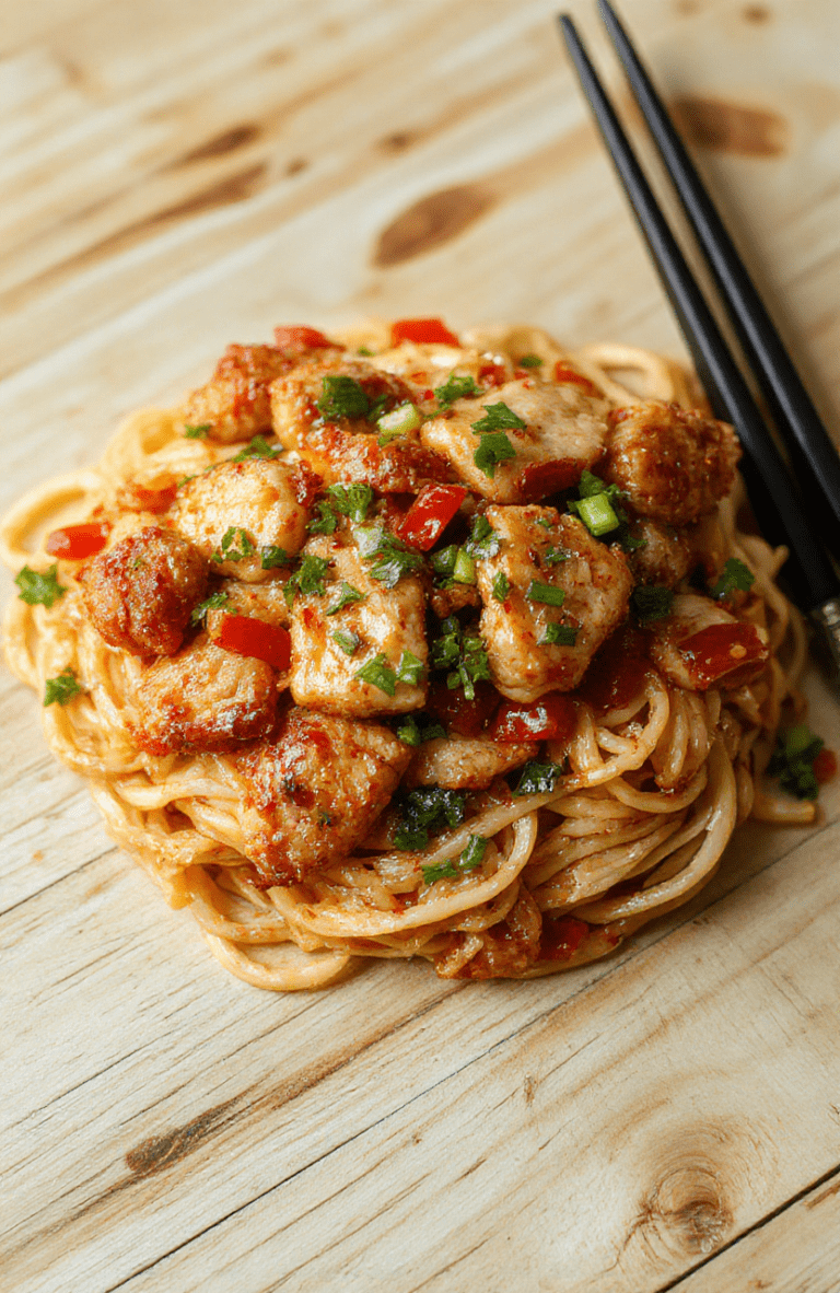 A steaming bowl of vibrant kung pao noodles with tender diced chicken, crisp bell peppers in red and green, roasted peanuts, and sliced scallions, all tossed in a glossy, slightly spicy brown sauce and nestled over chewy udon noodles. The dish sits on a white ceramic bowl placed on a light oak wooden table with natural light and soft shadows.