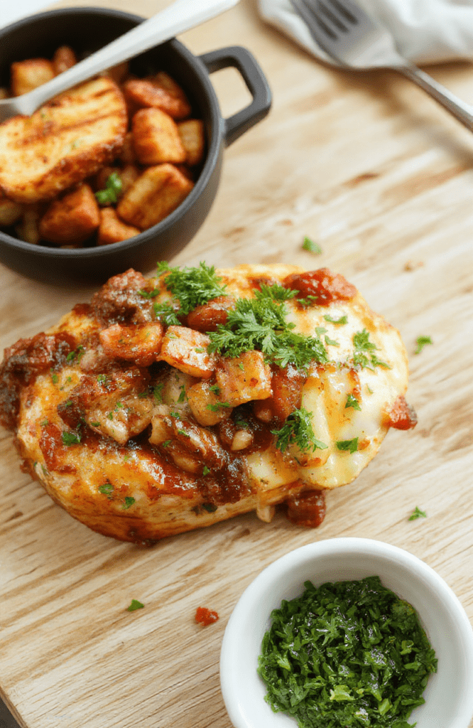 A rustic ceramic bowl filled with savory one-pot chicken and rice dinner, garnished with fresh parsley, steaming hot, with carrots and peas visible, set on a light oak wooden table with soft natural daylight and subtle shadows.
