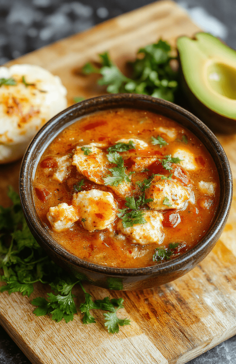 A steaming bowl of Hearty Chicken Tortilla Soup with tender shredded chicken, black beans, roasted red peppers, and warm corn kernels, topped with crispy tortilla strips, fresh cilantro, and a dollop of creamy avocado crema on a rustic wooden board, against a soft blurred kitchen background with natural daylight.