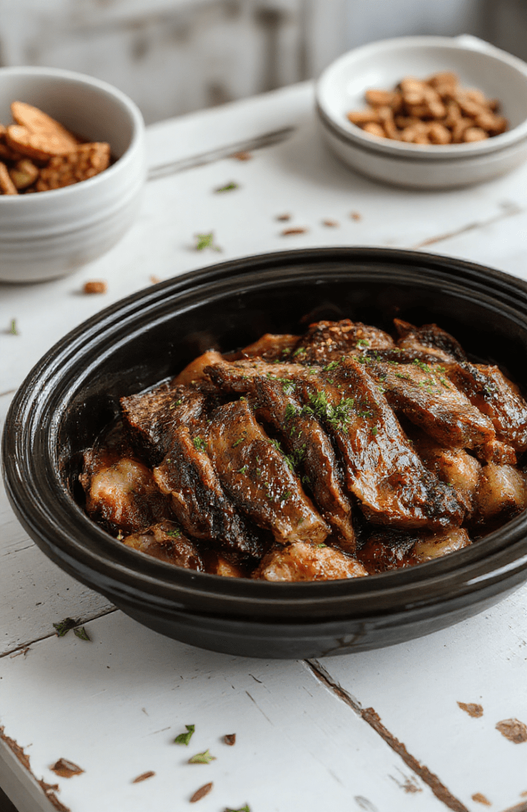 Tender, rosemary-roasted pot roast with caramelized edges, nestled among golden-brown carrots, Yukon Gold potatoes, and pearl onions in a deep ceramic slow cooker, garnished with fresh thyme sprigs and a drizzle of rich gravy on a rustic wooden table under soft natural daylight.