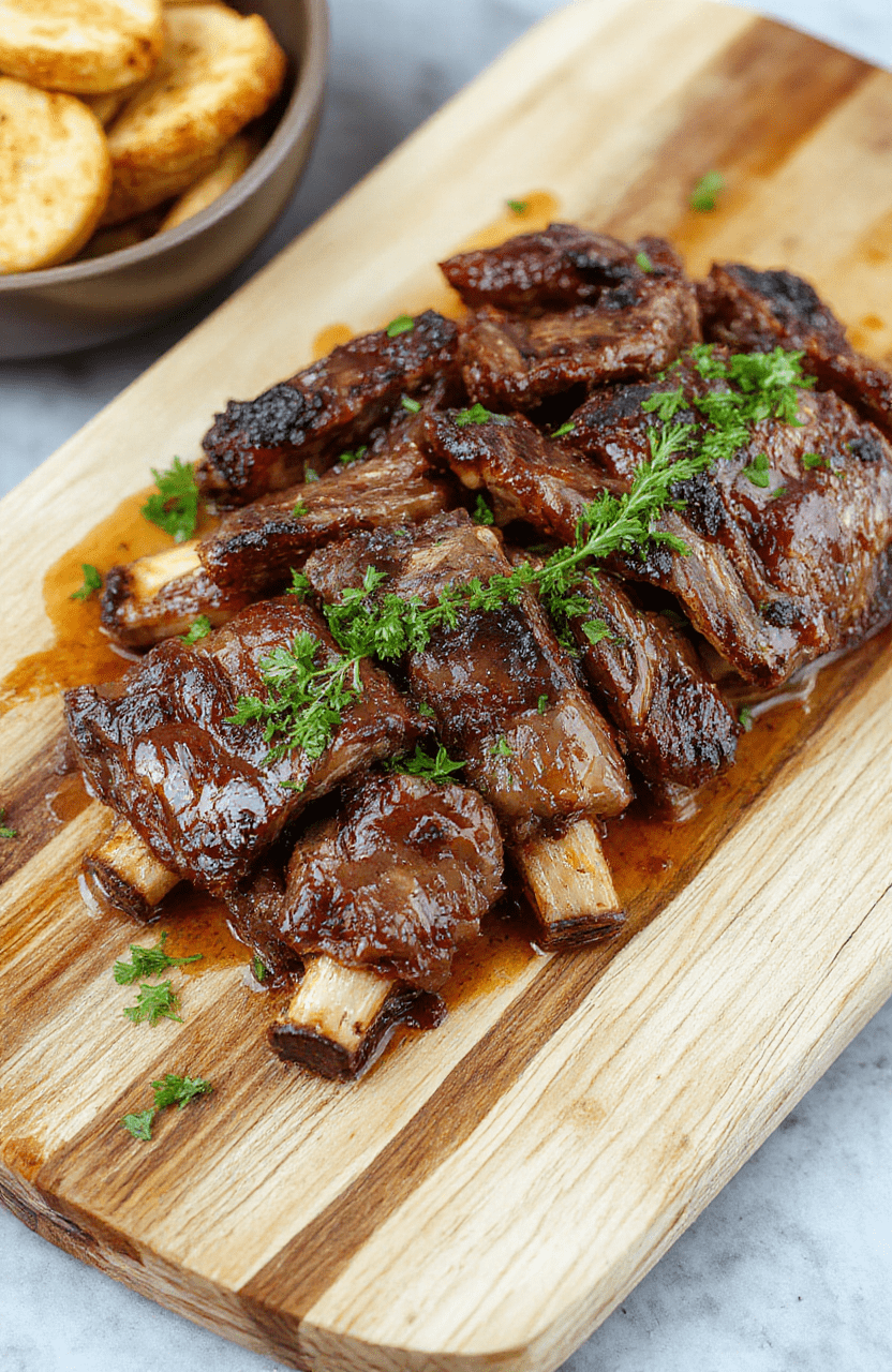Plump, fall-off-the-bone beef short ribs glazed in rich brown glossy sauce, resting on a rustic wooden board, garnished with fresh parsley and cracked black pepper, surrounded by caramelized root vegetables and drippings, captured in natural daylight with soft shadows.