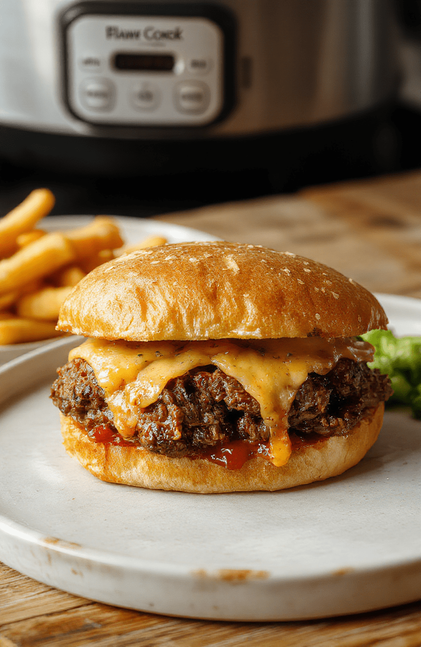 Two thick slices of toasted marble rye bread holding warm, shredded slow-cooked beef topped with melted sharp cheddar cheese, served on a wooden board with pickles and a side of au jus in a shallow bowl, soft natural light, casual plating, realistic and appetizing