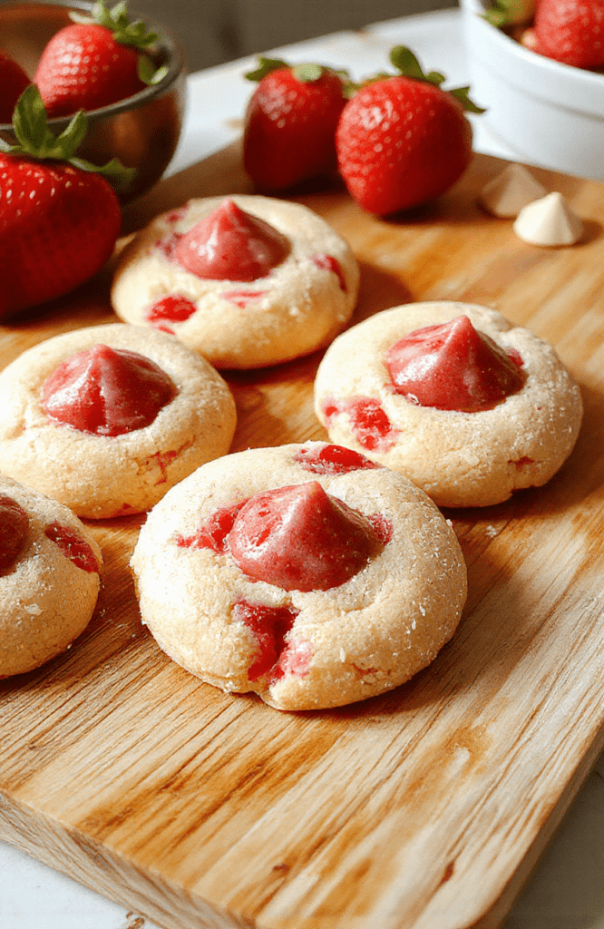 Soft, chewy strawberry kiss cookies with a pink interior and white vanilla kiss center, placed on a rustic wooden board, dusted lightly with powdered sugar, natural daylight, soft shadows, fresh whole strawberries nearby.