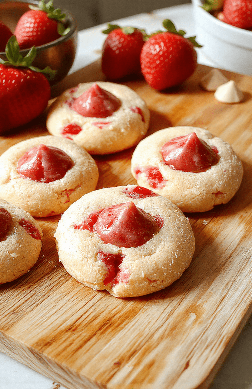 Soft, chewy strawberry kiss cookies with a pink interior and white vanilla kiss center, placed on a rustic wooden board, dusted lightly with powdered sugar, natural daylight, soft shadows, fresh whole strawberries nearby.