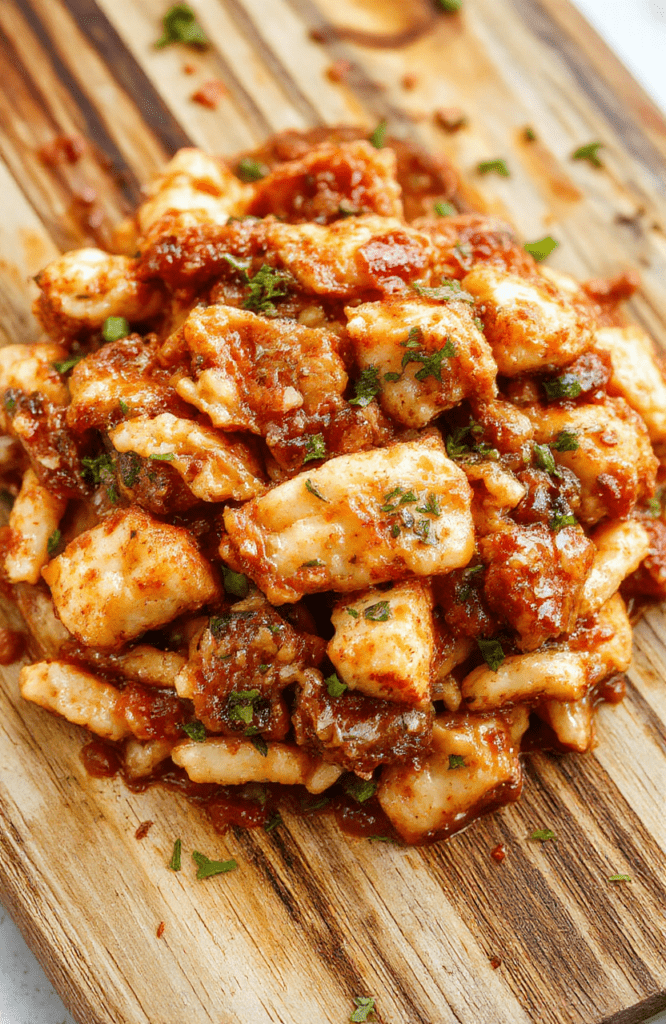 A steaming bowl of spicy Cajun chicken jambalaya with pinkish-orange rice, bite-sized chicken pieces, green bell peppers, red tomatoes, and yellow corn, garnished with fresh parsley and a sprinkle of cayenne, served on a rustic wooden board with a side of hot sauce.