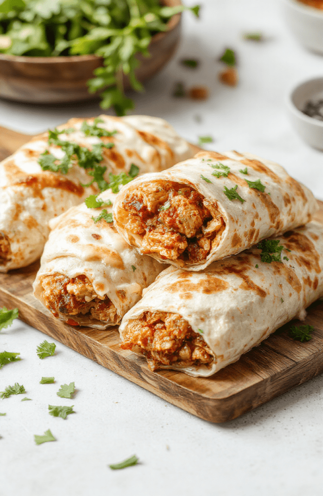 Fluffy tortillas wrapped around juicy chipotle-marinated grilled chicken strips, black beans, cilantro-lime rice, melted cheese, avocado slices, and fresh pico de gallo, slightly steaming on a wooden board with garnished lime wedge and chopped cilantro.