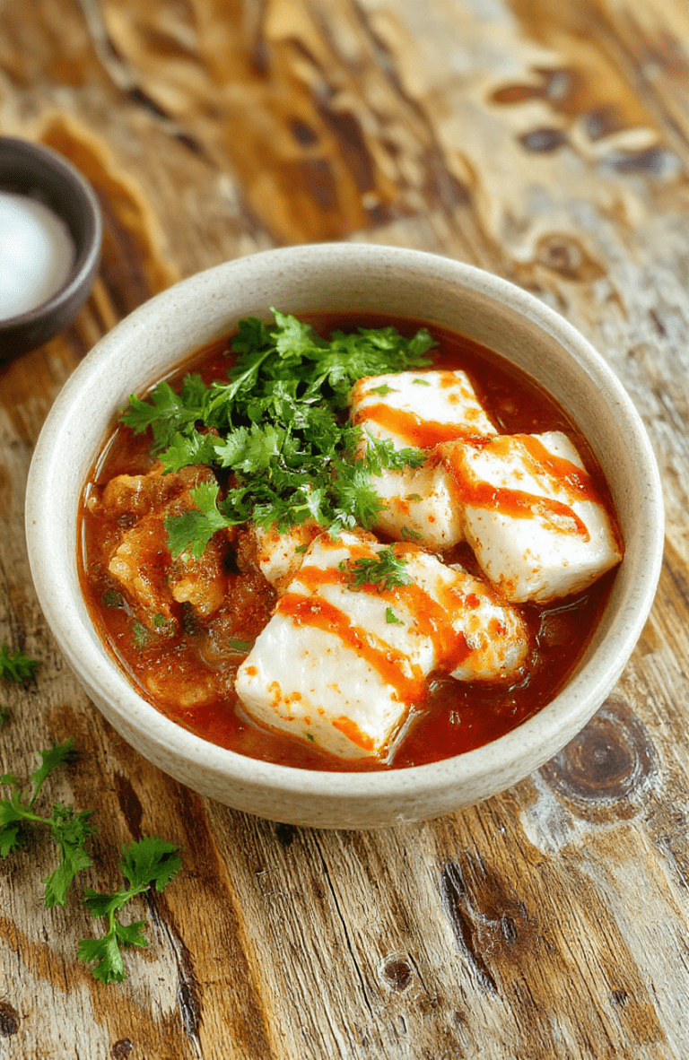 A vibrant bowl of crispy spicy tofu cubes in creamy coconut-lime sauce, garnished with fresh cilantro, sliced red chili, toasted cashews, and cooked quinoa, served on a rustic wooden board with lemon wedges and microgreens on the side.