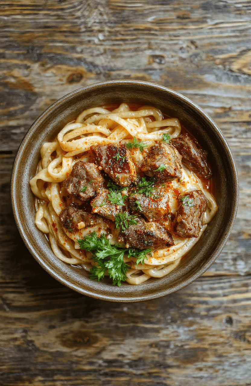 A vibrant bowl of chewy wheat noodles tossed with tender, caramelized lamb bits, toasted cumin seeds, thinly sliced scallions, and chili oil glistening on top, served in a rustic ceramic bowl with subtle steam rising, garnished with sesame seeds and cilantro leaves against a warm wooden table.