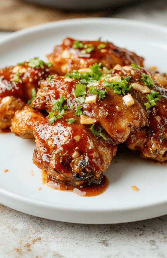 Glossy sticky brown sugar garlic chicken thighs with charred edges, glistening sauce clinging to tender meat, served on a rustic white plate with scattered sesame seeds and chopped green onions