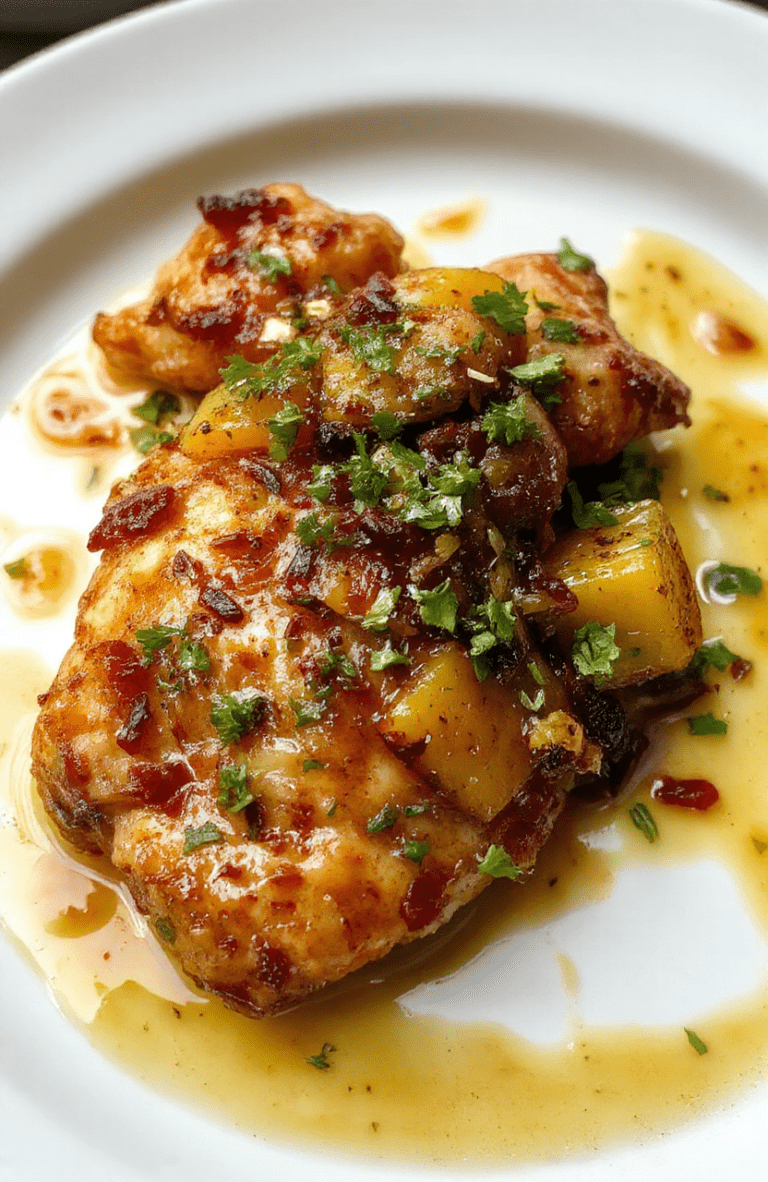Golden-brown pineappled chicken pieces with charred edges, glistening with glaze, served over jasmine rice with sliced green onions and sesame seeds on the side, fresh pineapple chunks and bell pepper strips for color contrast, captured on a white ceramic plate with subtle steam rising