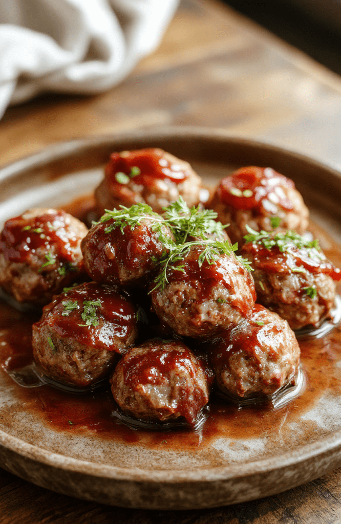 Glossy, sticky sweet and tangy grape jelly meatballs glistening under soft natural light, arranged in a rustic ceramic baking dish with a hint of rosemary sprig and a few red onion slices on the side — warm, golden-brown meatballs with caramelized edges and a shiny, sticky glaze coating.