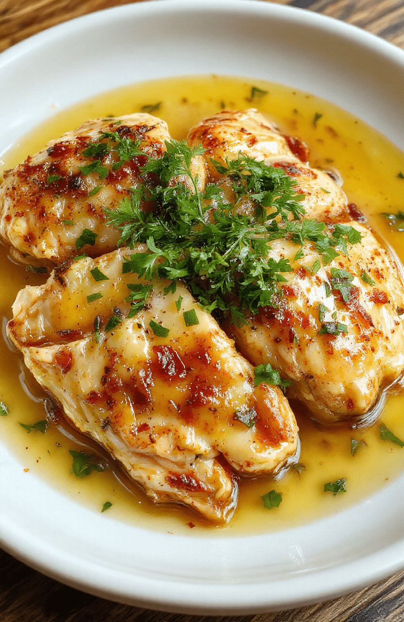 Golden-brown seared chicken thighs glistening with garlic butter sauce, garnished with fresh parsley and roasted garlic cloves, served on a rustic ceramic plate beside a bed of creamy mashed potatoes and lightly charred green beans
