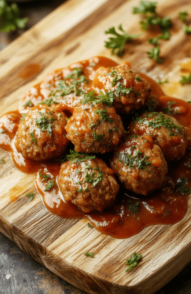 Golden-brown, perfectly rounded Italian meatballs glistening with savory tomato sauce, nestled in a white ceramic bowl alongside fresh parsley and a drizzle of extra virgin olive oil, with soft steam rising, shot in natural daylight on a rustic wooden table.