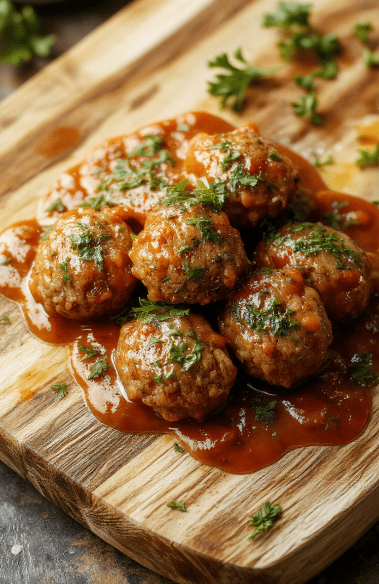 Golden-brown, perfectly rounded Italian meatballs glistening with savory tomato sauce, nestled in a white ceramic bowl alongside fresh parsley and a drizzle of extra virgin olive oil, with soft steam rising, shot in natural daylight on a rustic wooden table.