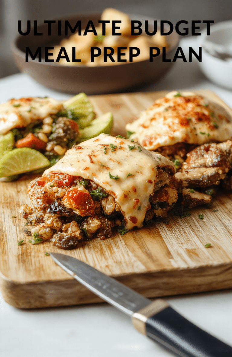 Overhead photo of five bento-style containers filled with colorful,portioned meals: brown rice, roasted chickpeas, steamed broccoli, shredded chicken, and a simple lemon-tahini drizzle, all neatly arranged on a rustic wooden cutting board with subtle warm lighting.