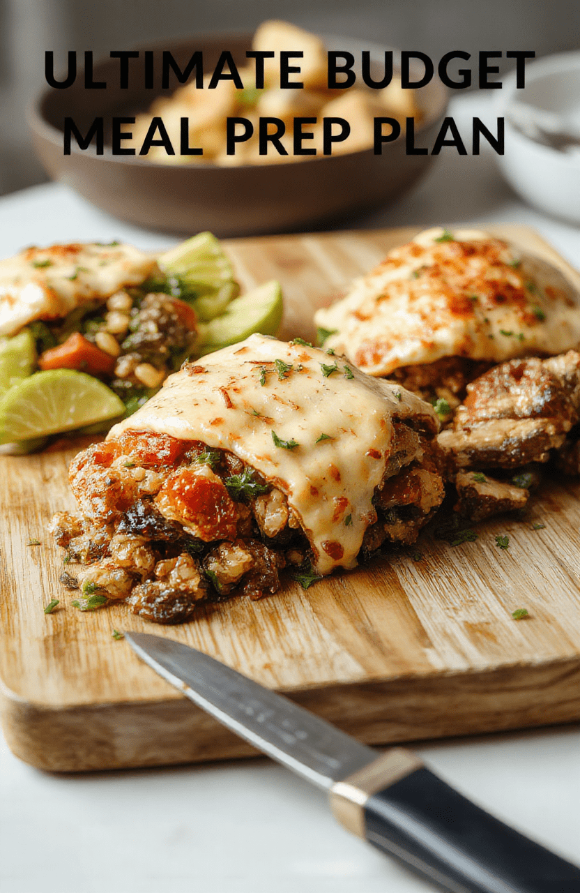 Overhead photo of five bento-style containers filled with colorful,portioned meals: brown rice, roasted chickpeas, steamed broccoli, shredded chicken, and a simple lemon-tahini drizzle, all neatly arranged on a rustic wooden cutting board with subtle warm lighting.