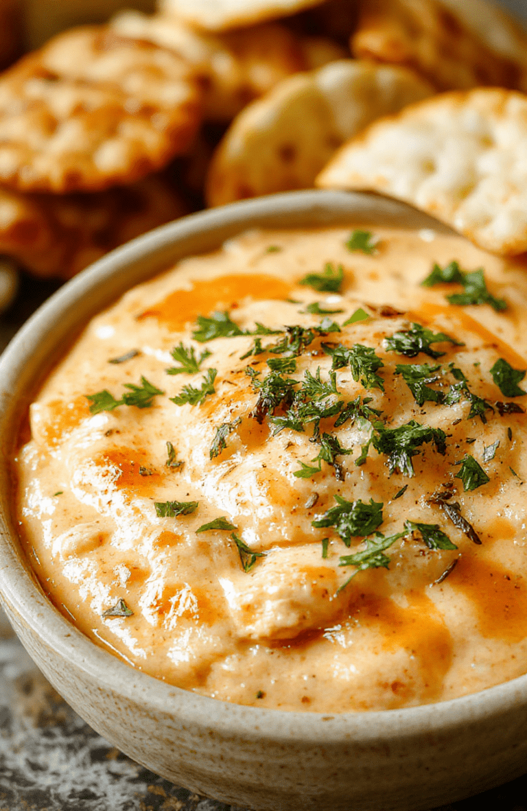 Creamy, chunky buffalo chicken dip in a vintage ceramic bowl, topped with crumbled blue cheese, chopped celery, and red onion, served with tortilla chips and carrot sticks, on a rustic wooden board in natural light.