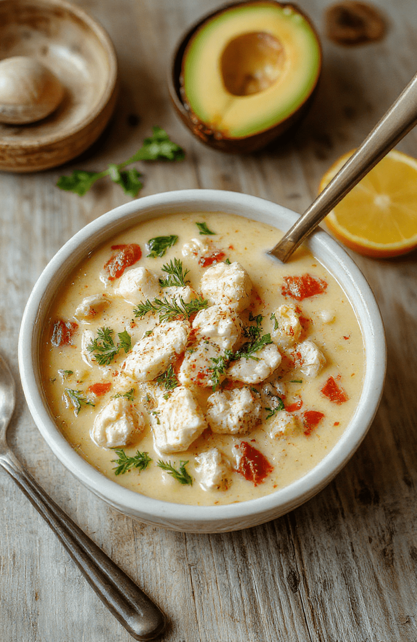 A rustic white bowl filled with hot, creamy chicken noodle soup, featuring tender shredded chicken, soft egg noodles, golden carrots, and celery, garnished with fresh parsley and a drizzle of olive oil, served on a rustic wooden table with soft natural light and minimal steam.
