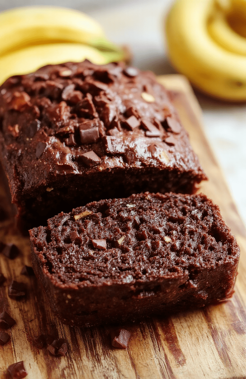 Rustic slice of ultra-moist chocolate banana bread with a glossy, crackled top, rich chocolate chips glistening inside, served on a white ceramic plate beside a half-split ripe banana and a dusting of powdered sugar on dark wood cutting board in soft daylight