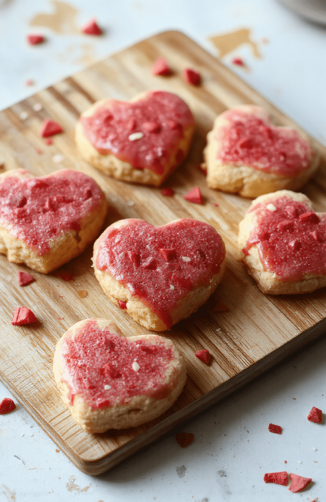 homemade heart-shaped cookies in red and pink glaze with sparkly red sugar crystals, arranged in a sweet heart pattern on a rustic wooden board, soft shadows and natural daylight highlighting crisp edges and glossy finish