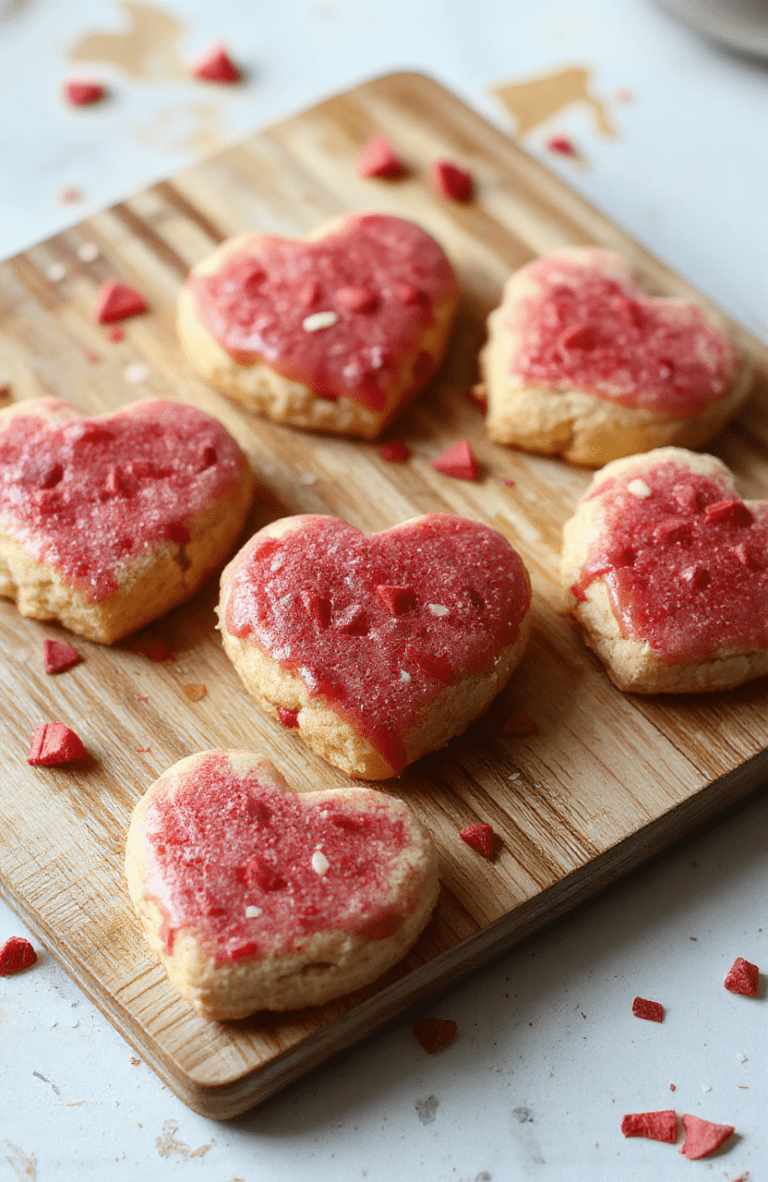homemade heart-shaped cookies in red and pink glaze with sparkly red sugar crystals, arranged in a sweet heart pattern on a rustic wooden board, soft shadows and natural daylight highlighting crisp edges and glossy finish