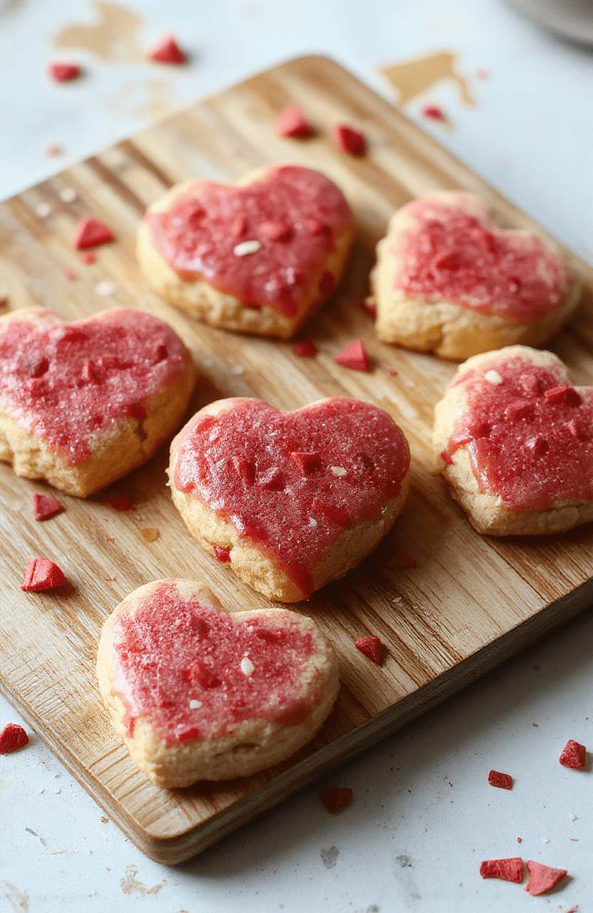 homemade heart-shaped cookies in red and pink glaze with sparkly red sugar crystals, arranged in a sweet heart pattern on a rustic wooden board, soft shadows and natural daylight highlighting crisp edges and glossy finish