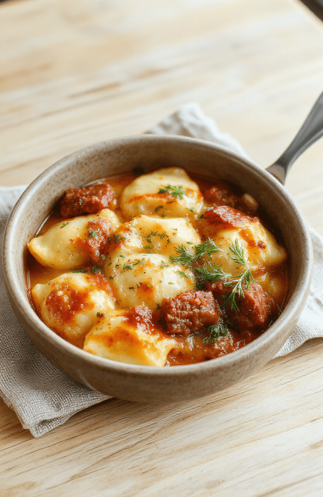 Golden-brown baked pierogi casserole in a deep ceramic dish, topped with crispy baked kielbasa slices, melted cheddar cheese, diced caramelized onions, and fresh parsley; served with a side of sour cream and pickled peppers on a rustic wooden board.