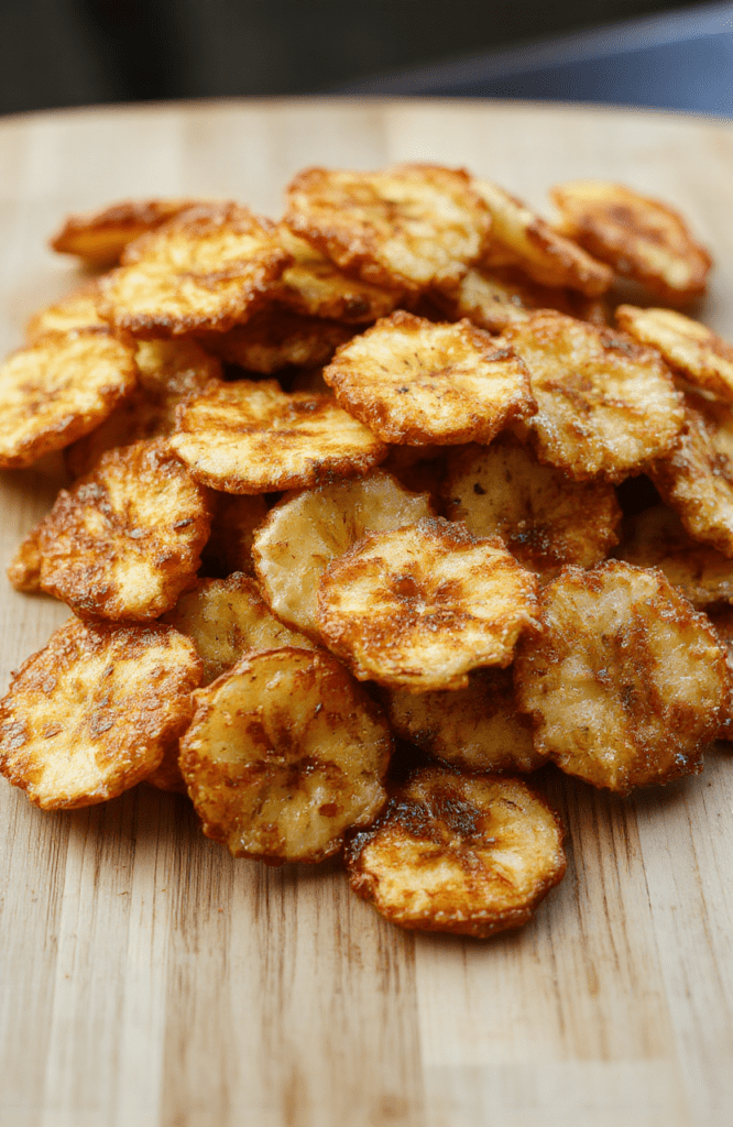 Golden-brown crisp banana chips piled in a white ceramic bowl, with whole banana slices and a sprinkle of cinnamon on a rustic wooden board, natural daylight, soft shadows, shallow depth of field, vibrant textures