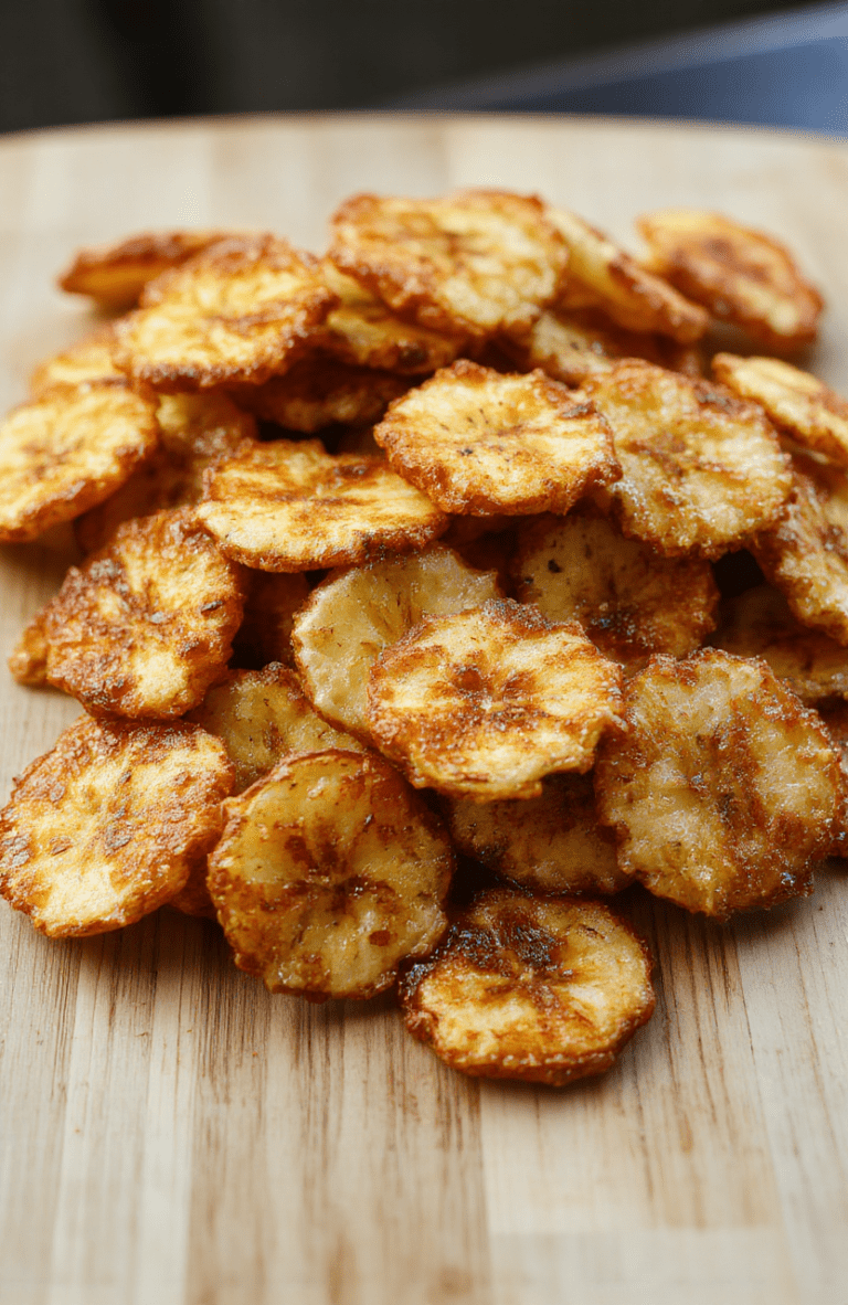 Golden-brown crisp banana chips piled in a white ceramic bowl, with whole banana slices and a sprinkle of cinnamon on a rustic wooden board, natural daylight, soft shadows, shallow depth of field, vibrant textures