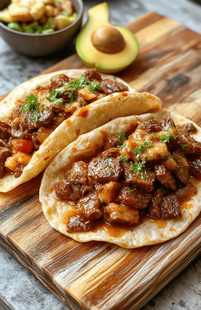 Plated birria tacos on a rustic wooden board: two corn tortillas folded around shimmering, braised beef shreds in rich, reddish-brown consommé, garnished with fresh cilantro, diced white onion, and a wedge of lime. Slightly crispy tortilla edges contrast with juicy, tender meat. Consommé pools subtly around the base. Warm, natural lighting highlights the rich textures and vibrant colors.