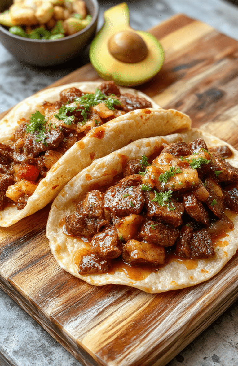 Plated birria tacos on a rustic wooden board: two corn tortillas folded around shimmering, braised beef shreds in rich, reddish-brown consommé, garnished with fresh cilantro, diced white onion, and a wedge of lime. Slightly crispy tortilla edges contrast with juicy, tender meat. Consommé pools subtly around the base. Warm, natural lighting highlights the rich textures and vibrant colors.