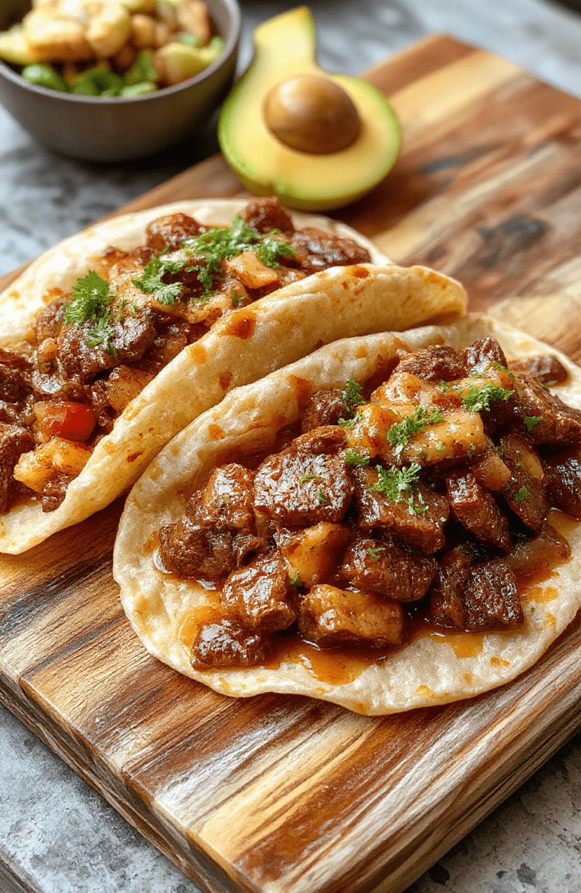 Plated birria tacos on a rustic wooden board: two corn tortillas folded around shimmering, braised beef shreds in rich, reddish-brown consommé, garnished with fresh cilantro, diced white onion, and a wedge of lime. Slightly crispy tortilla edges contrast with juicy, tender meat. Consommé pools subtly around the base. Warm, natural lighting highlights the rich textures and vibrant colors.